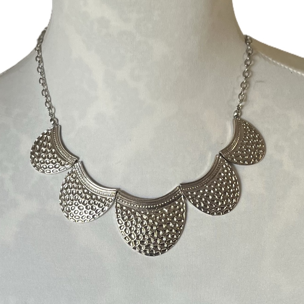 Statement Bib Necklace Silver-Tone Textured Discs - Bold Fashion Jewelry